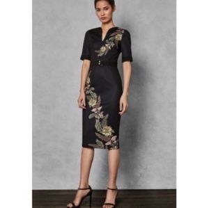 Ted Baker London Black Midi Dress with Floral Embroidered Detail